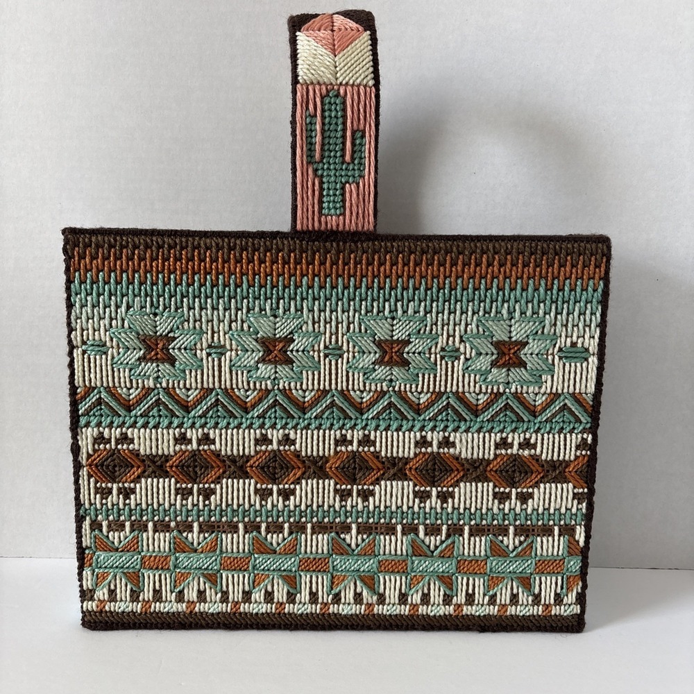 Vintage Handmade Needlepoint Cross Stitch Box Aztec Desert Cactus Purse